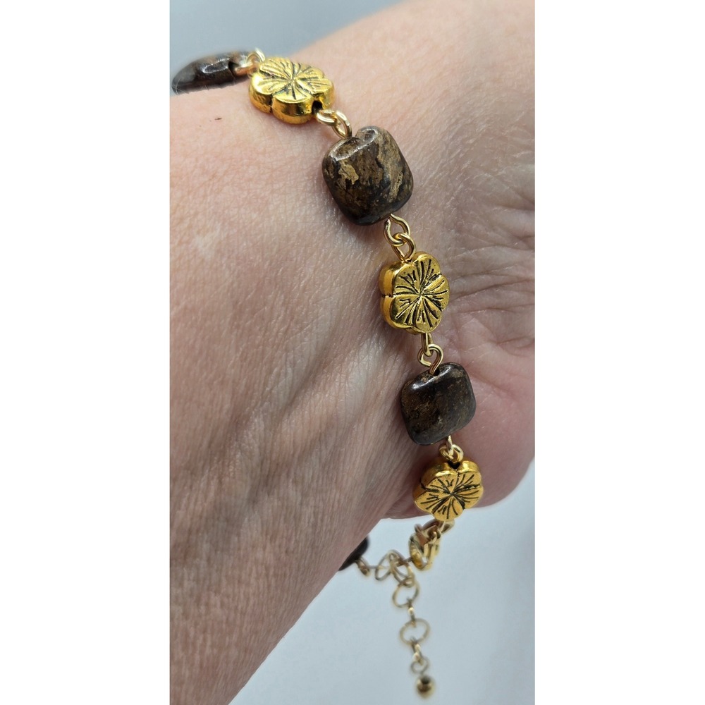 Handmade Boho Gold Tone Floral and Bronzite Stone Bead Link Bracelet  Adjustable